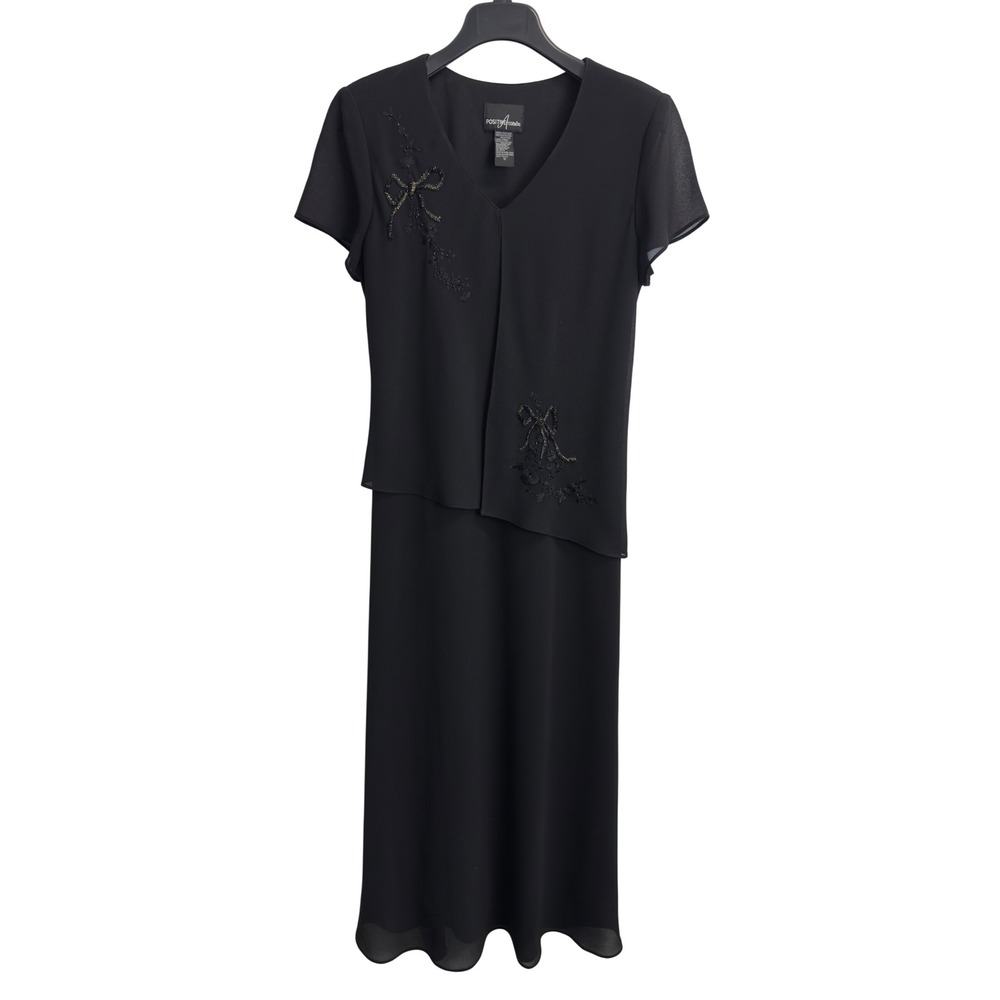 Positive Attitude Womens Black Beaded Bow Midi Dress Mock Two Piece Size 
12